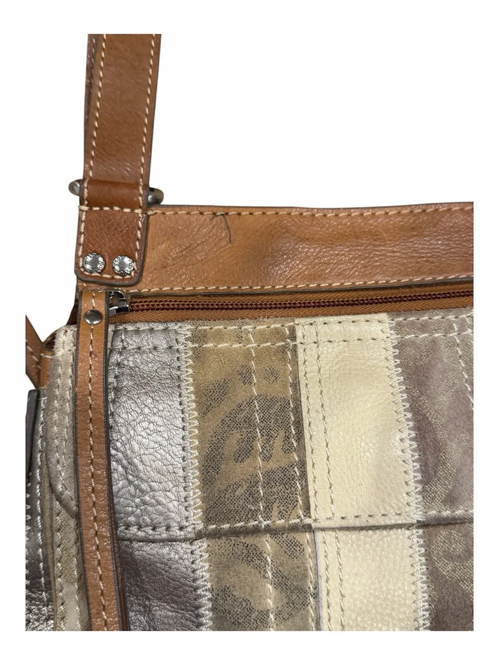 Vintage Fossil Patchwork Metallic Canvas Shoulder Bag